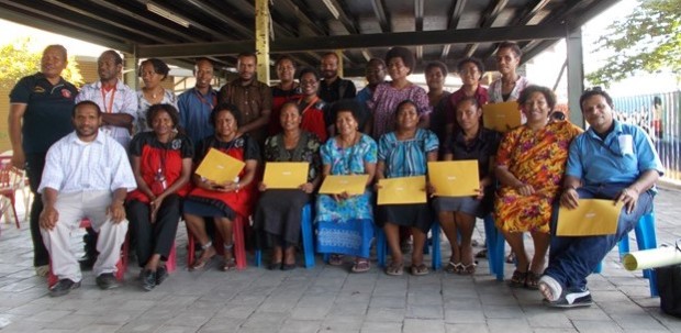 Participants after graduating with certificates as phonics trainers, Anglicare POM Branch. All participants represent different CSO partners of Anglicare PNG Inc. under the Adult Literacy Program. August 2014 