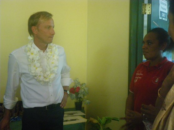 Executive Director for Global Fund Mark Dybul (L) attentive to Counselling Coordinator Marcia Kalinoe's presention at Anglicare Waigani, Port Moresby, PNG. February 16th 2015 