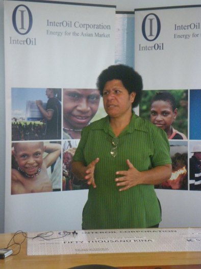 Anglicare PNG Inc. National Director Mrs. Heni Meke answering questions from the media  after the cheque presentation at the Water Front InterOil Office,March 3rd 2015, Port Moresby. PNG